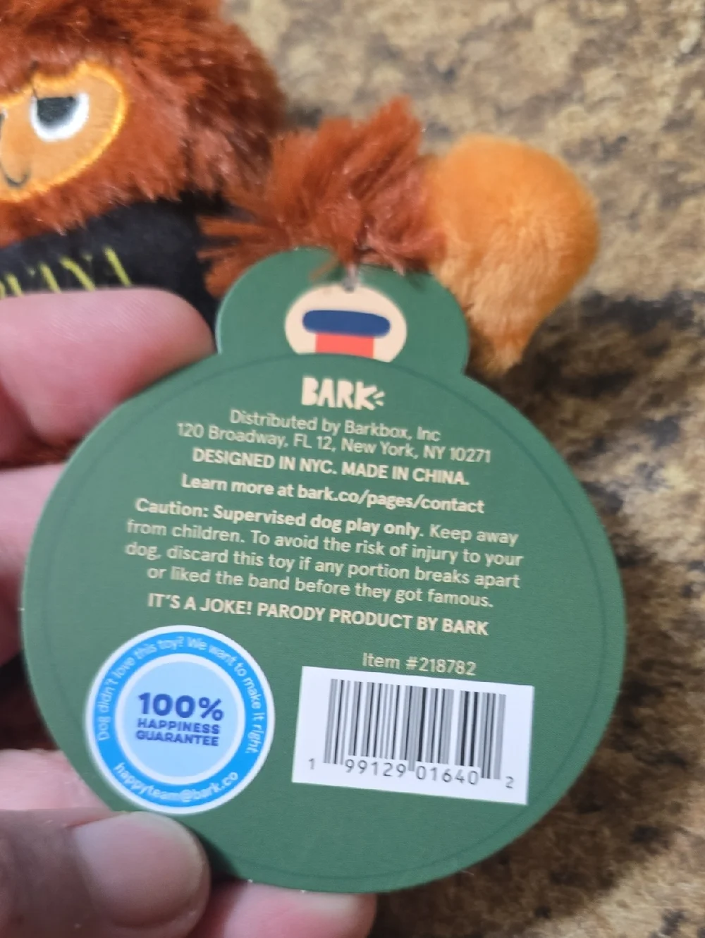 Bark GigFoot Plush Dog Toy with Nirvana Tee - Brown & Orange NWT Size Small